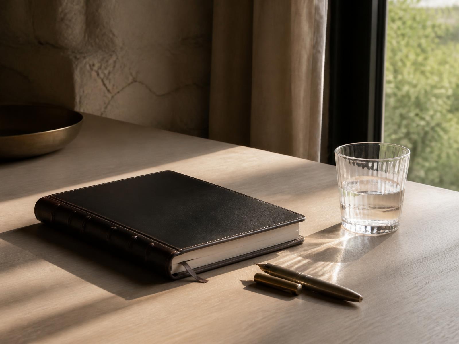 A dark leather notebook, a brass fountain pen and a glass of water on a pale oak table in morning light.
