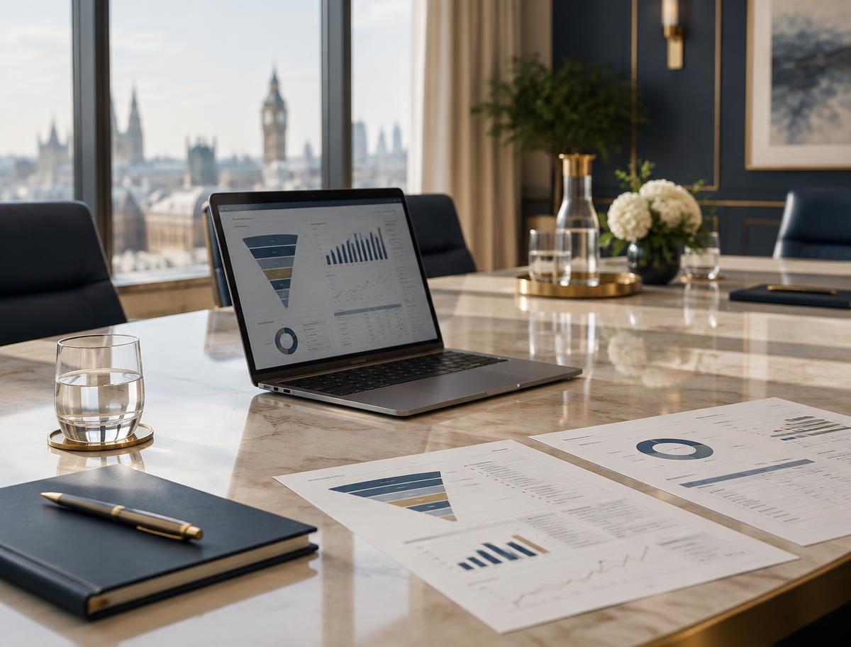 Executive boardroom table with a laptop showing CRM pipeline dashboards